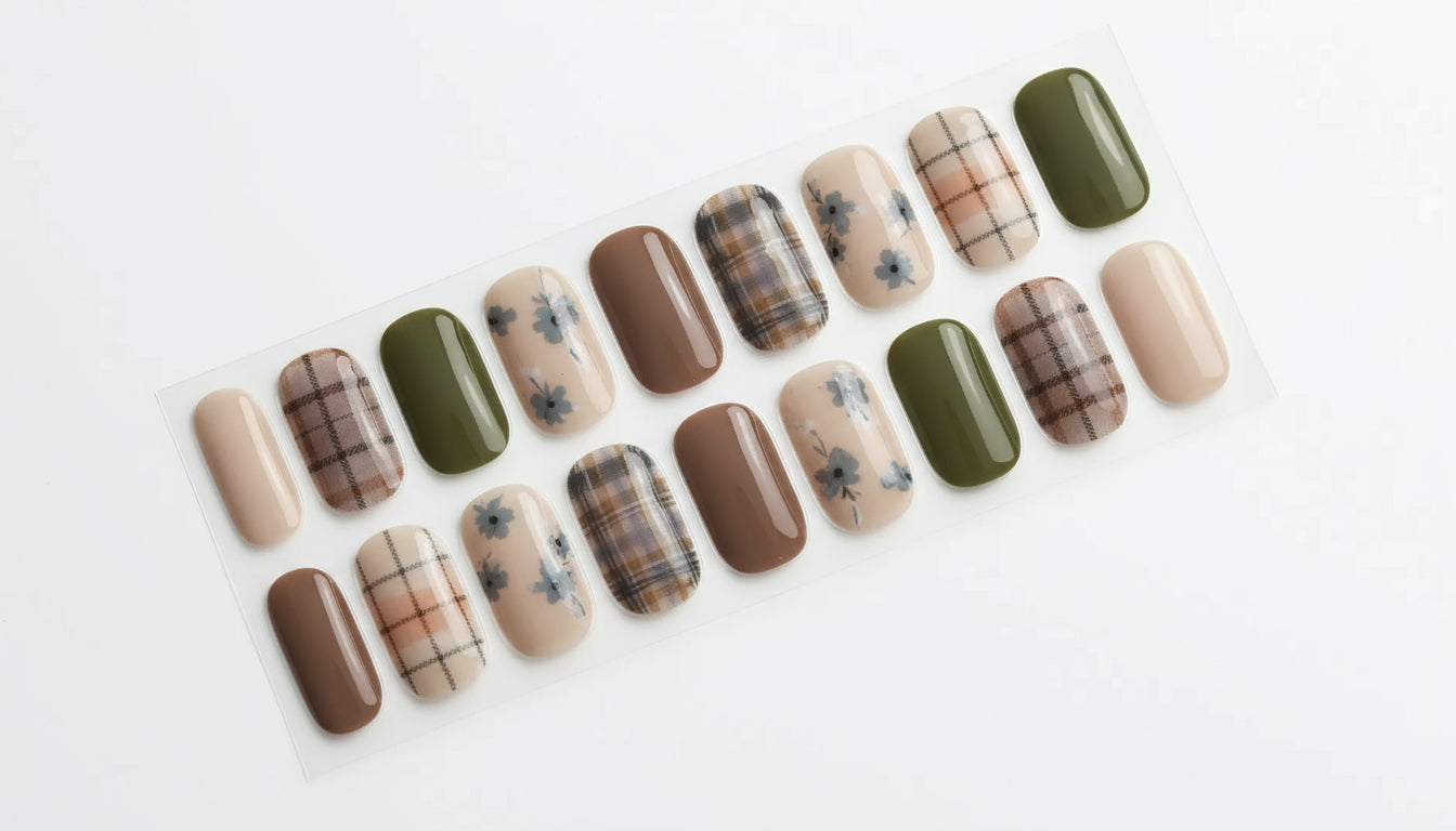 Floral Plaid Gel Nails