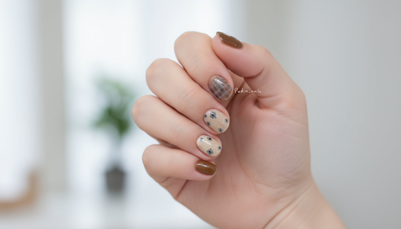 Floral Plaid Gel Nails