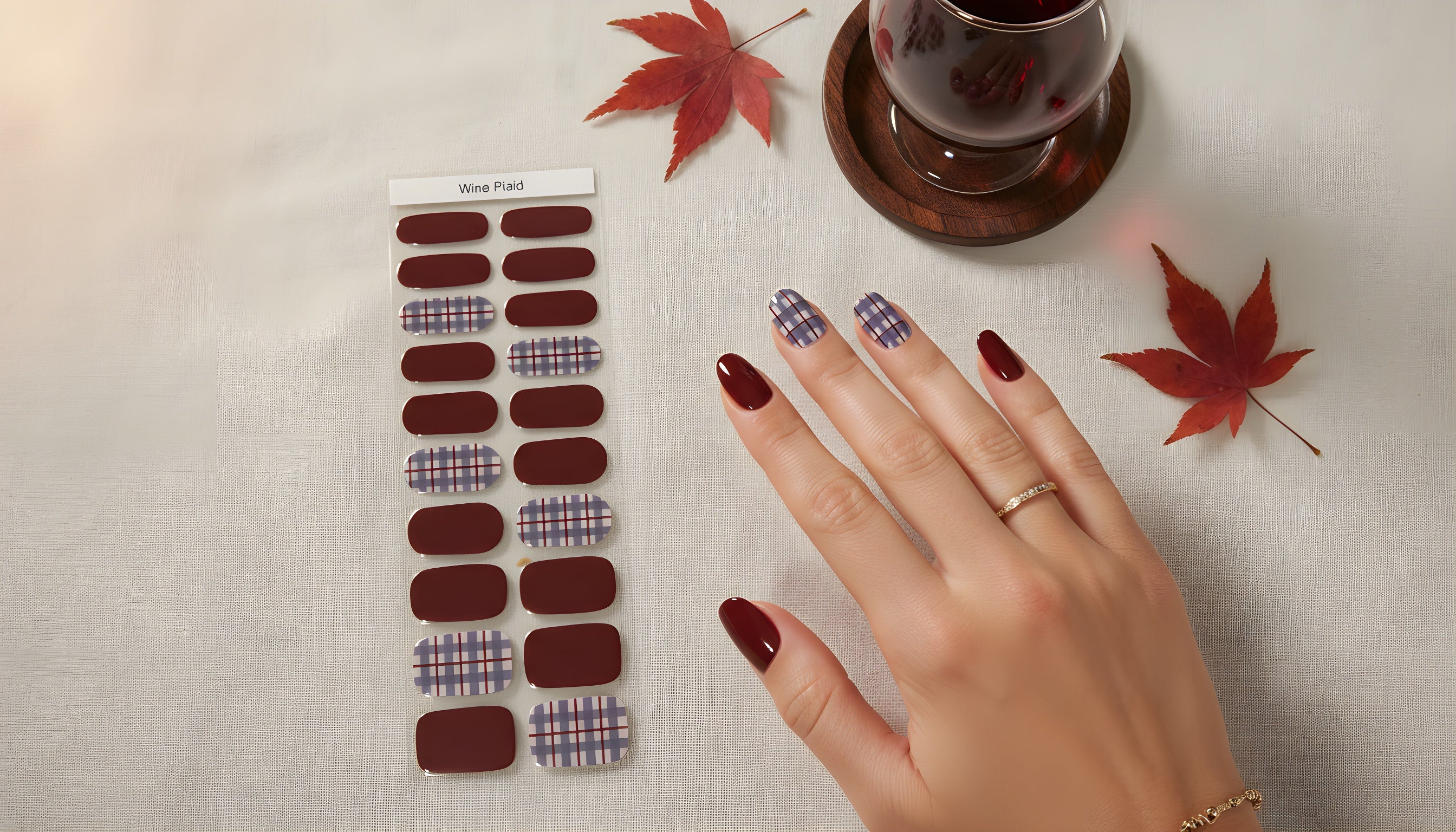 Wine Plaid Gel Nails