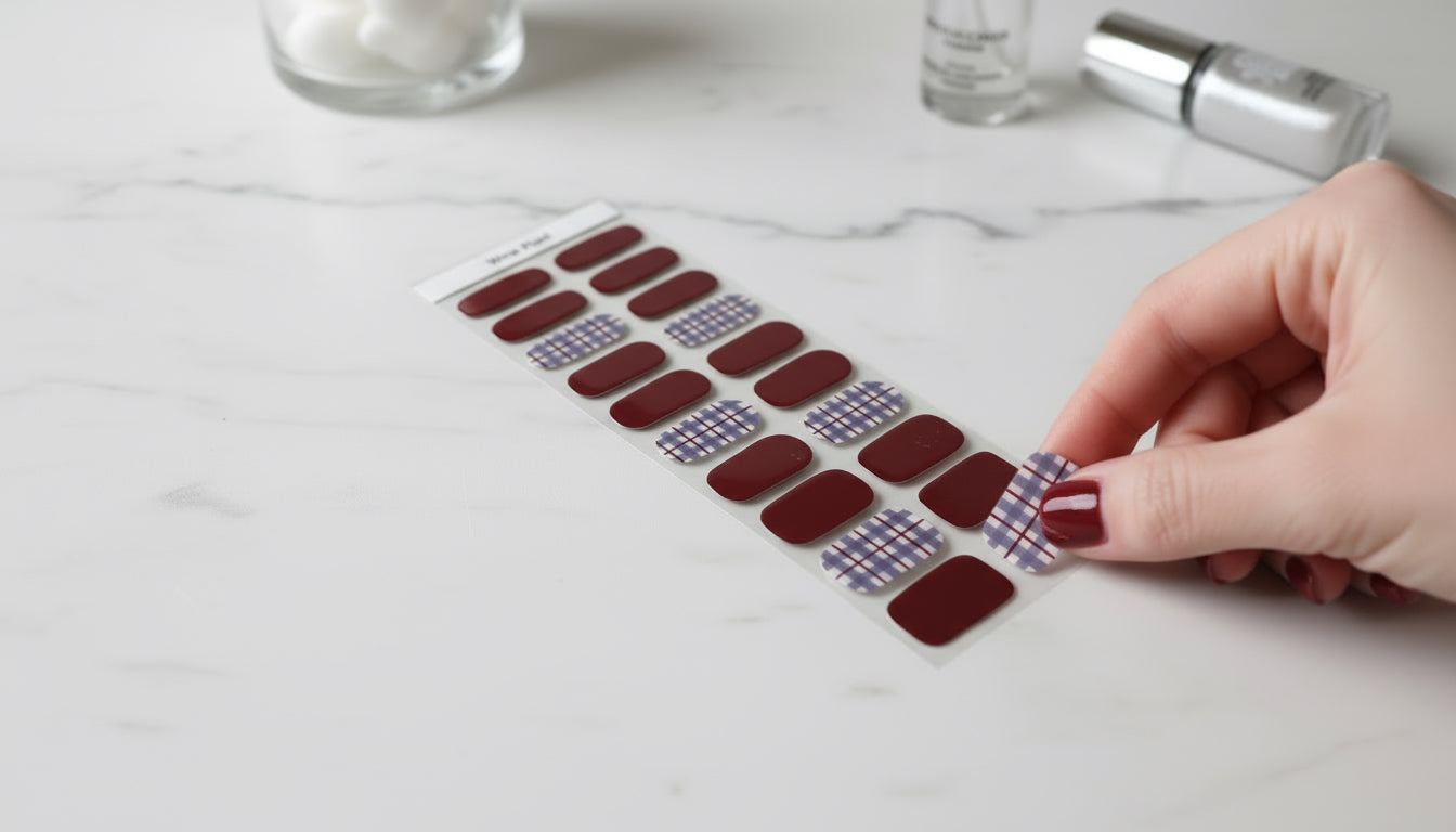 Wine Plaid Gel Nails