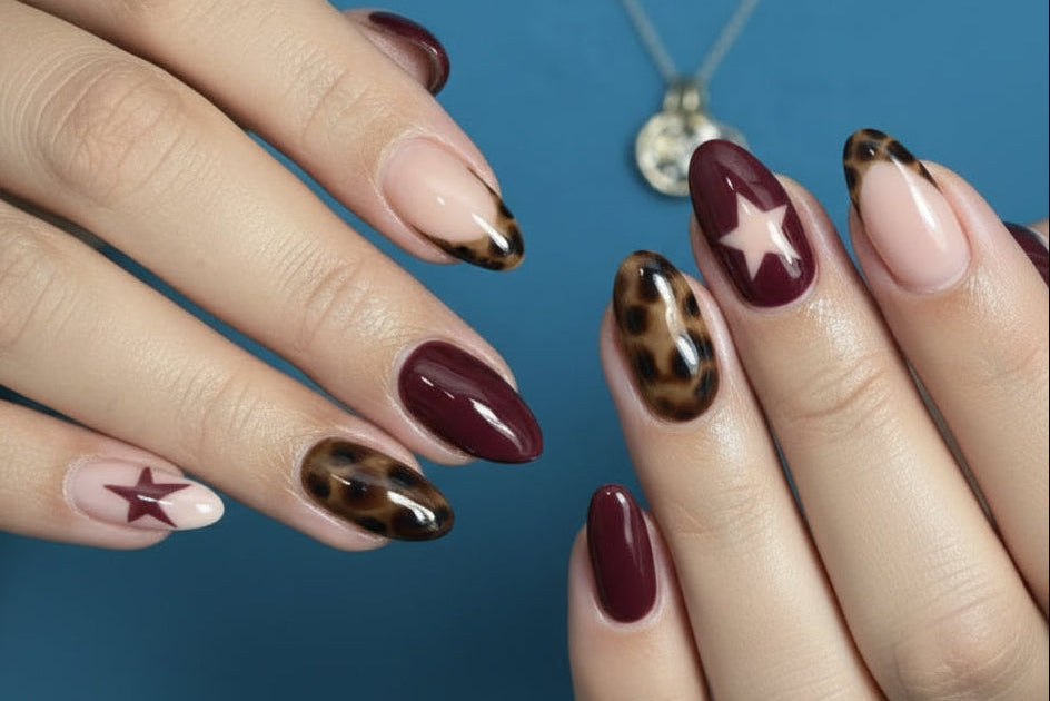 lacy UV gel nail strips worn on hand-painted nails